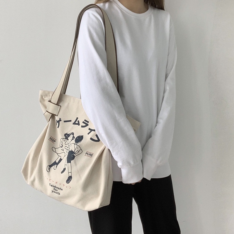 Túi xách YAZHOULONG vải canvas cỡ lớn phong cách retro Hàn Quốc dành cho nữ
