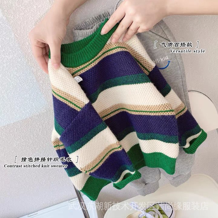 Áo Sweater Dệt Kim Cổ Tròn Họa Tiết Kẻ Sọc Màu Sắc Tương Phản Phong Cách Hàn Quốc Thời Trang Mùa Đông Cho Bé Trai
