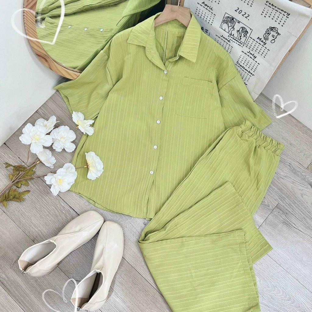 Sét Bộ NỮ áo Cổ Sơ Mi Tay Ngắn MIx Quần Dài Cạp Cao Ống Rộng, Sét Đũi Nữ Áo Sơ Mi Cột Dây Lưng Và Quần Suông Sang Trọng