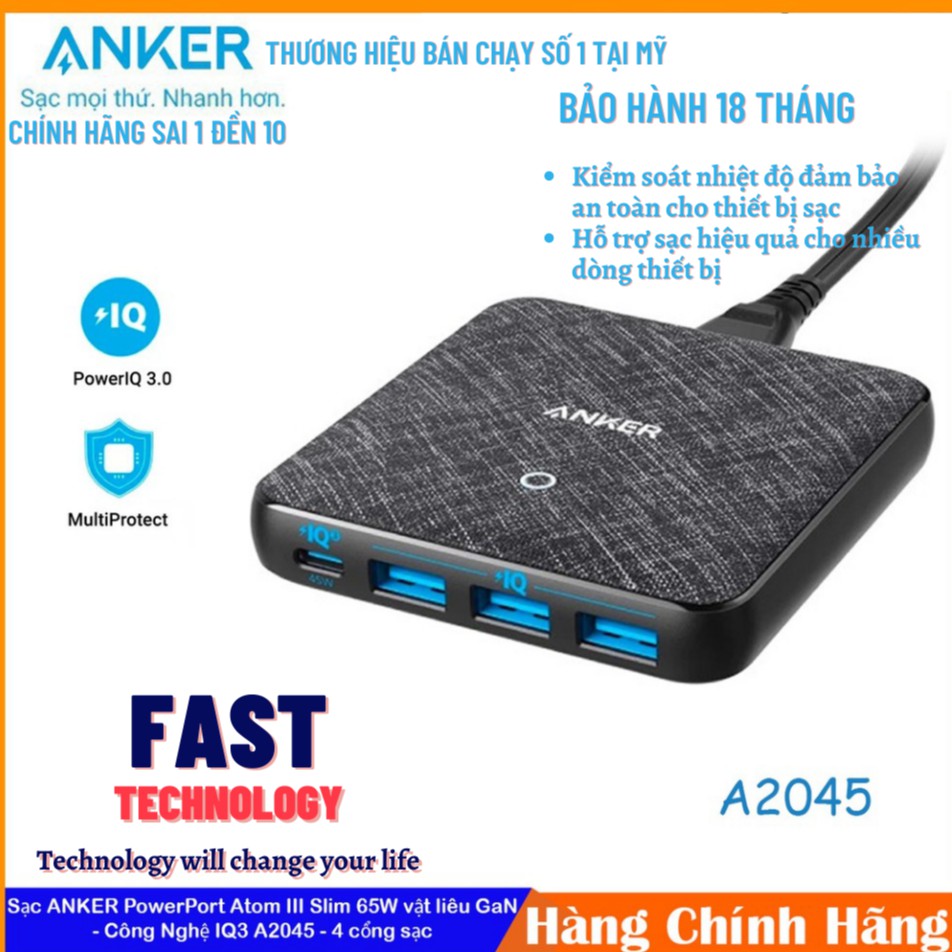 [Bọc vải Farbic] Adapter sạc 4 cổng USB Type C PD 65W Anker PowerPort Atom III Slim A2045