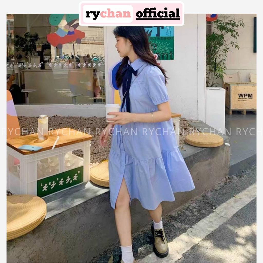Đầm Nữ Cổ Sơ Mi Tay Ngắn Phối Nơ Cổ Xinh Xắn, Đầm Babydoll Đi Picnic Dáng Xòe Tầng Màu Xanh - DX167