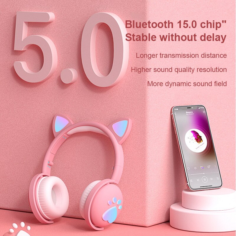Tai Nghe Pulierde BK1 Kết Nối Bluetooth 5.0 Thiết Kế Tai Mèo Và Đèn LED Có Thể Gập Lại Được