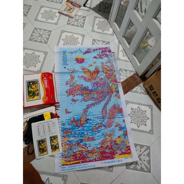 Tranh thêu kín Phượng Hoàng E132 (50x90cm), EDB132 (70x130cm) - tranh chưa thêu