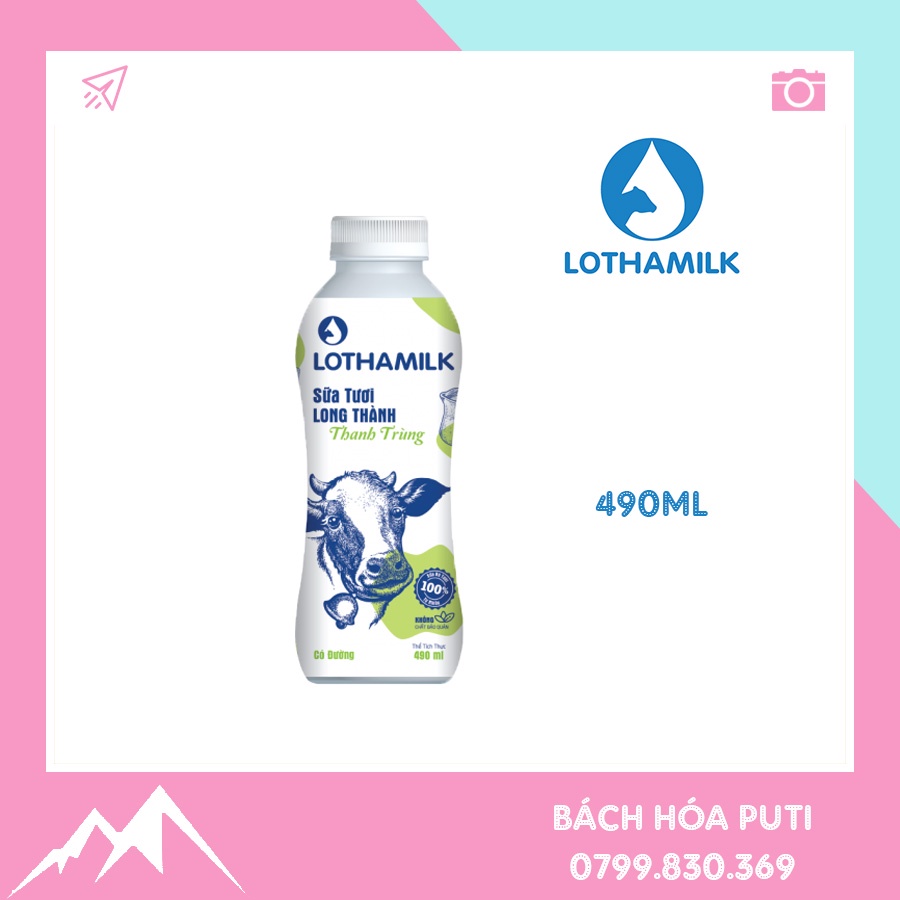 LOTHAMILK Sữa thanh trùng Long Thành có đường chai 490ml/ thanh trùng không chất bảo quản