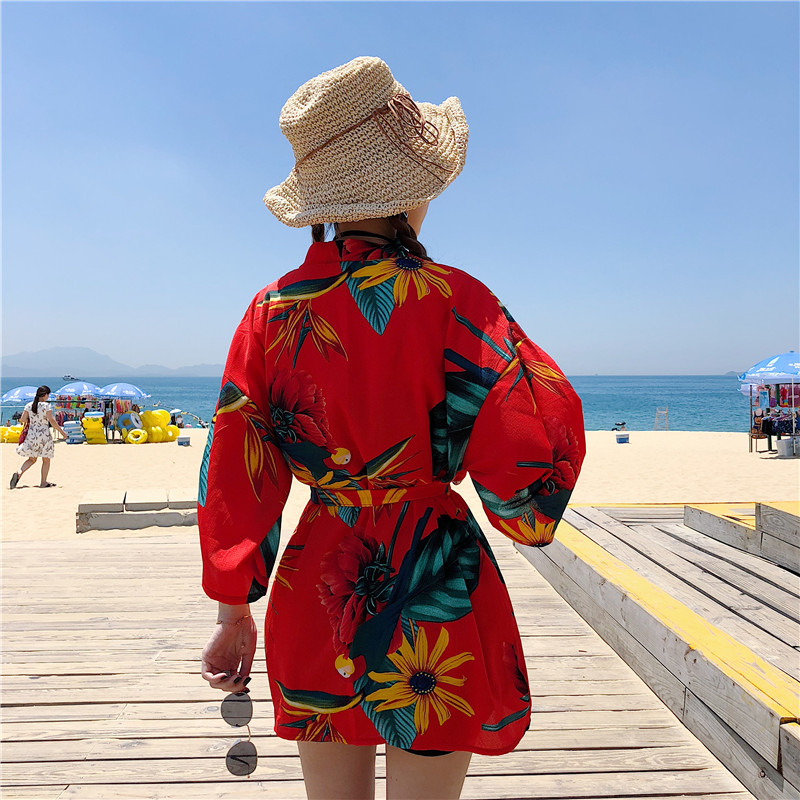 Áo sơ mi đi biển kiểu đẹp tay dài retro 2021, Áo kiểu nữ mỏng dáng dài màu trắng đỏ tươi mới mặc nhiều kiểu du lịch