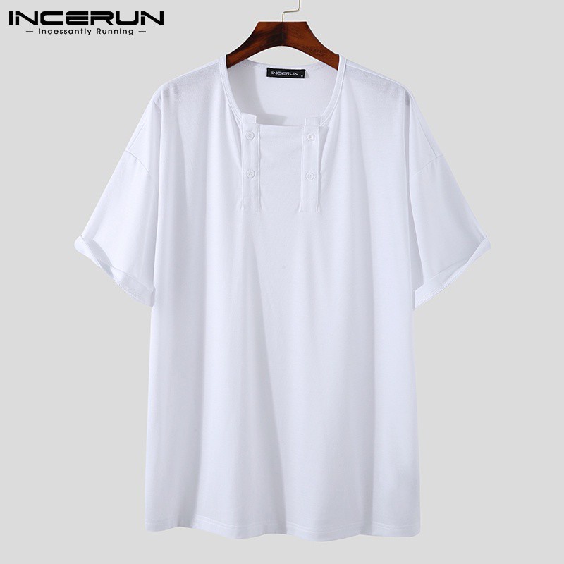Áo INCERUN tay ngắn màu trơn dáng rộng thời trang dành cho nam