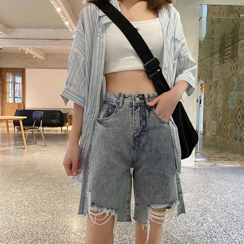 Quần Short Jean Rách Lưng Cao Thời Trang Dành Cho Nữ