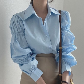 (ORDER) Áo sơ mi nữ cổ bẻ tay phồng dập viền hình đèn lồng style retro Hàn Quốc (HÀNG MỚI VỀ)