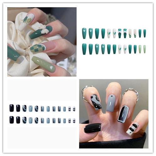 Bộ 24 Móng Tay Giả Họa Tiết Ca Rô Trắng Đen Hình Trái Tim/Bướm Trắng/Đen Trong Suốt