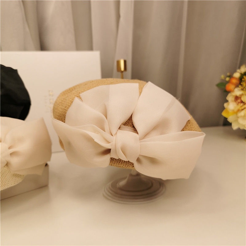 Mũ Beret Phối Lưới Thoáng Khí Đính Nơ Phong Cách Vintage Pháp Thời Trang Mùa Hè Cho Nữ