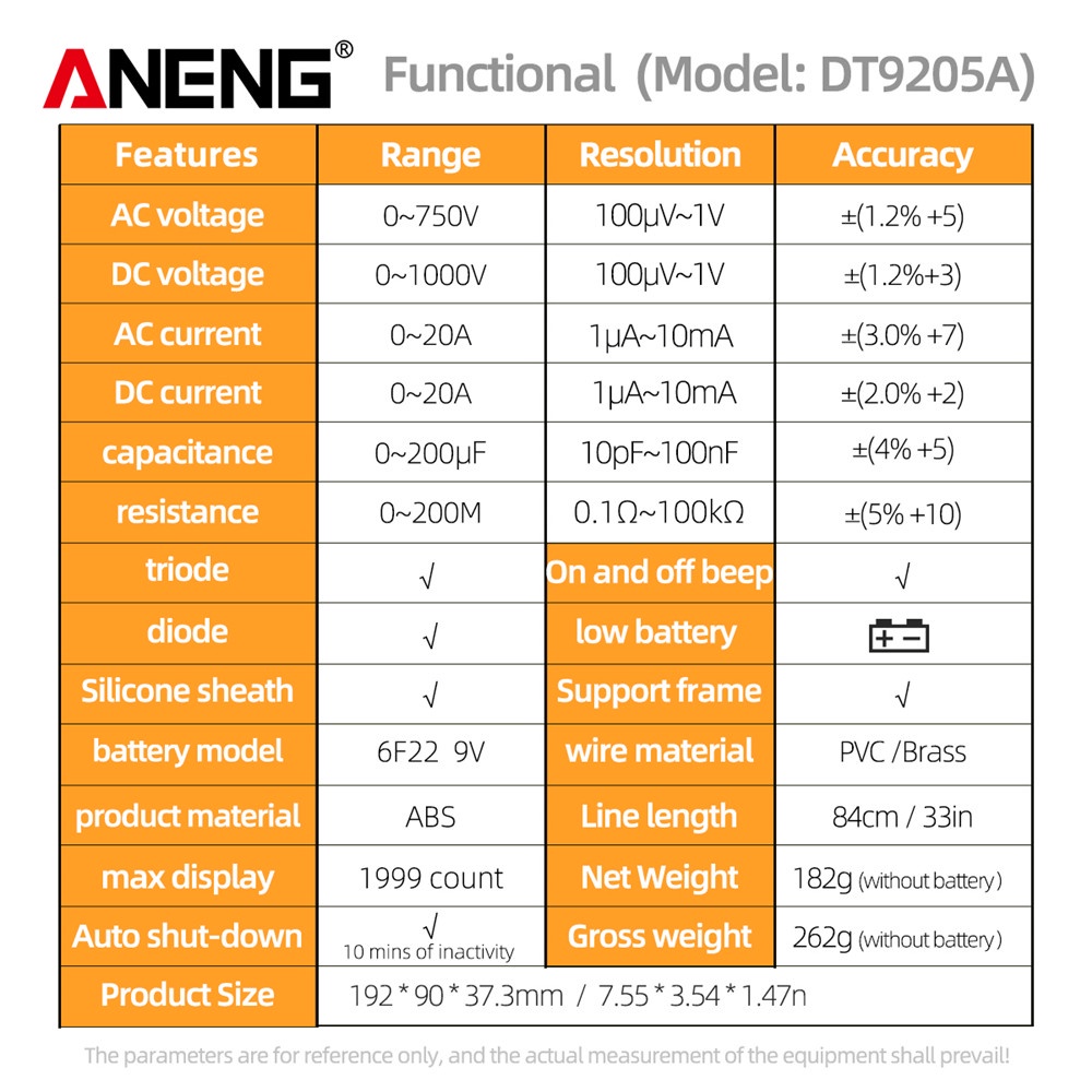 Vạn Năng Kế ANENG DT9205A-12 1999 AC / DC Chuyên Nghiệp