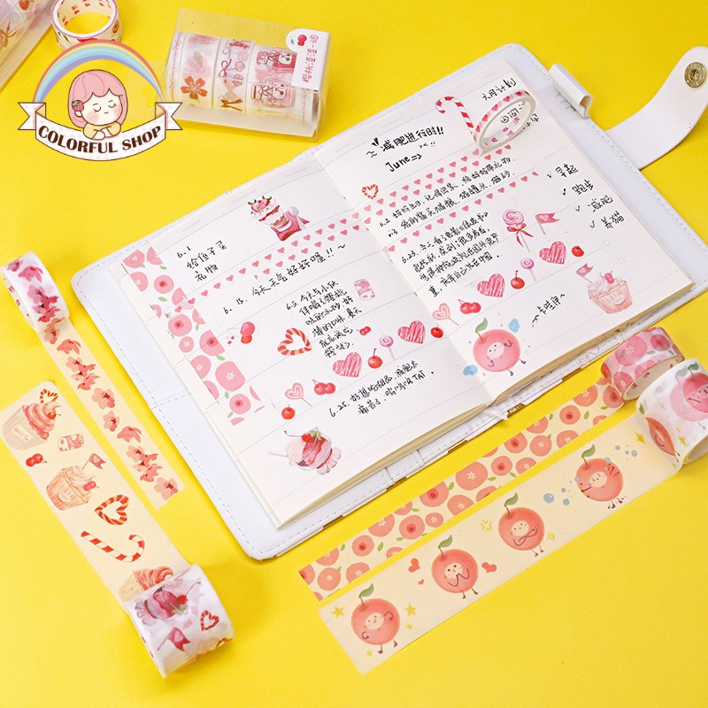 Set 4 cuộn băng dính washi hình cherry đáng yêu trang trí thủ công