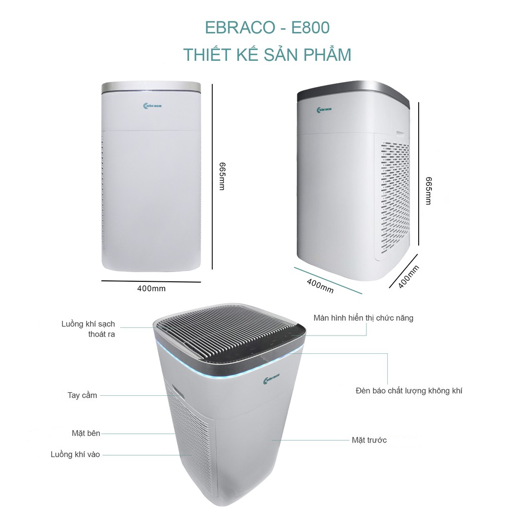 Máy Lọc Không Khí Lõi Lọc True HEPA Thế Hệ Mới - Ebraco E800 - Wifi Điều Khiển Từ Xa