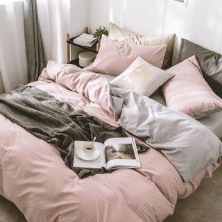 Bộ chăn ga đũi kẻ màu hồng