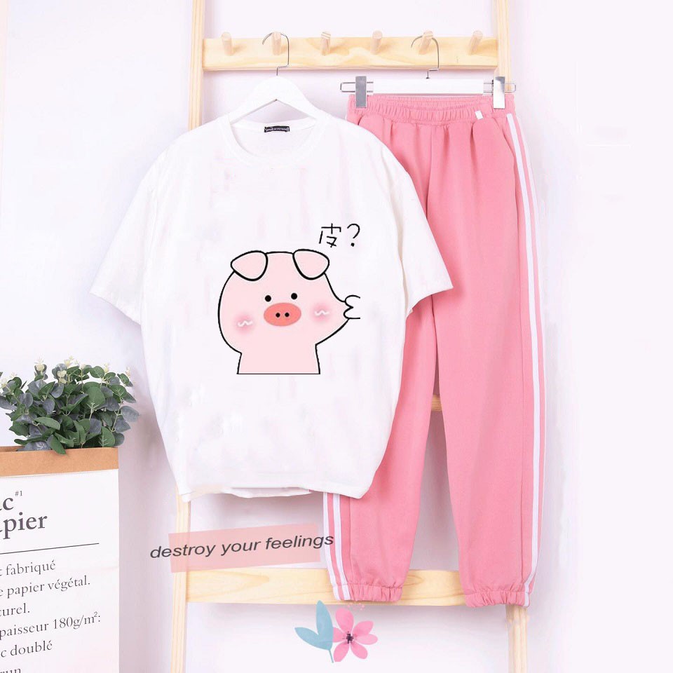 Sét Bộ Đồ Thời Trang Nữ Mặc Đi Chơi Dạo Phố Mùa Hè, Áo Phông Cotton In Lợn Bẹo Má Kèm Quần Dài Phong Cách Teen Hàn Quốc