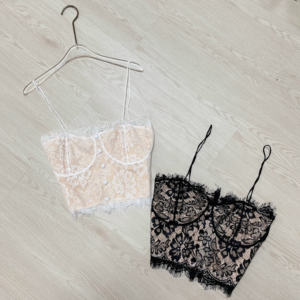 Áo kiểu 2 dây dáng tra viền ren sexy trước hàng nút bọc sau dây kéo xinh