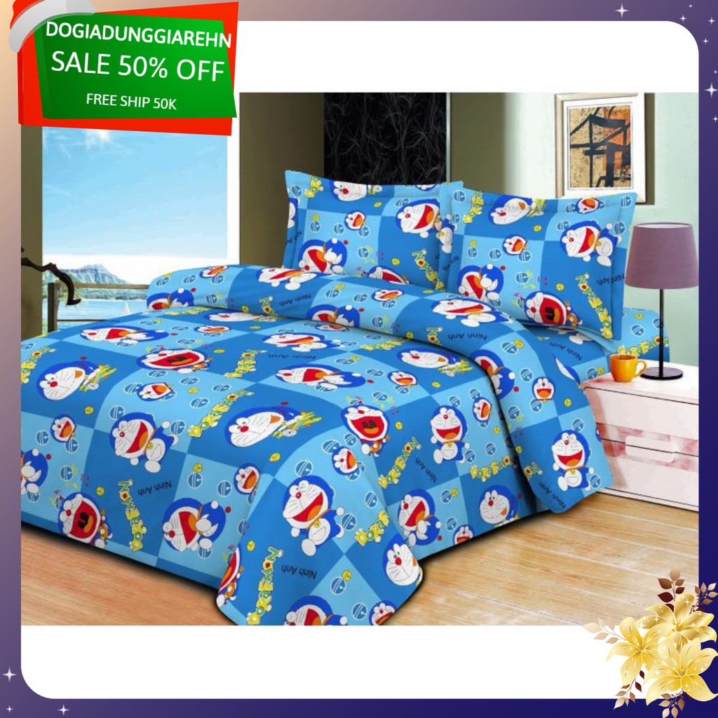 (Xả kho 1 ngày) Bộ 1 ga 2 vỏ gối nằm mẫu doremon 1m2/1m6/1m8