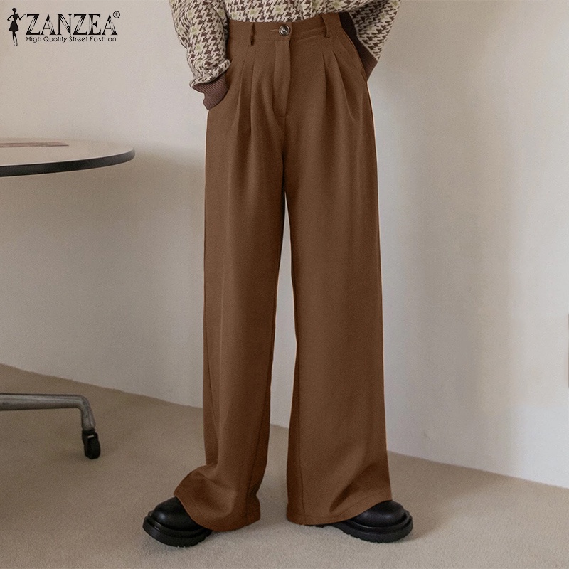 Quần dài ZANZEA ống rộng lưng thun co giãn có nút gài phía trước thời trang dành cho nữ