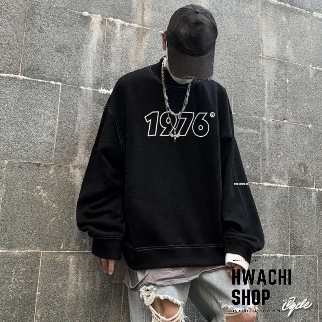 Áo sweater nỉ nam nữ, áo nỉ Unisex basic sweater dáng rộng in chữ 1976 2 màu so Hot G045 | BigBuy360 - bigbuy360.vn
