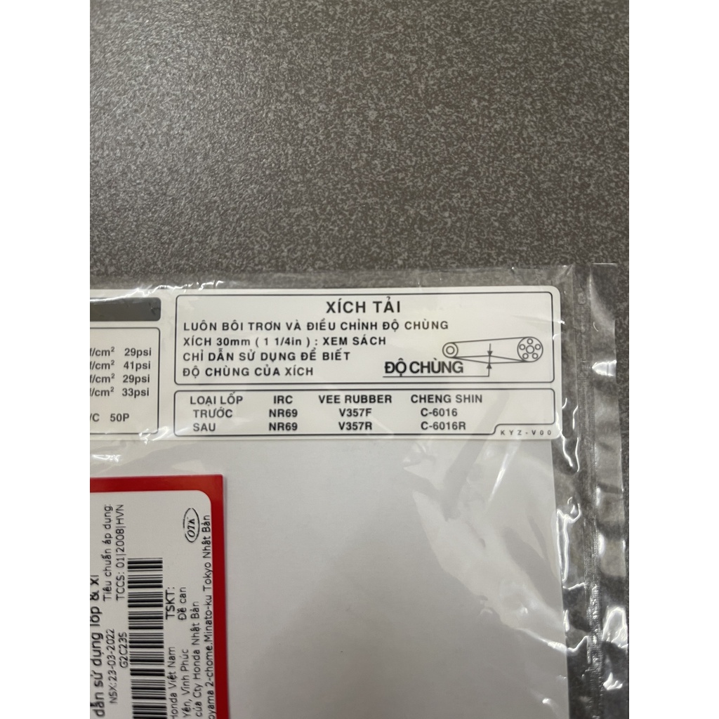 Tem thông số lốp xích tải xe Future 125 Future led hàng chính hãng