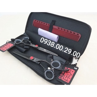Kéo cắt tóc nhật bản kai đen ngọc đỏ cắt siêu ngọt, bộ kéo cắt tóc cao cấp 6 món cho thợ.