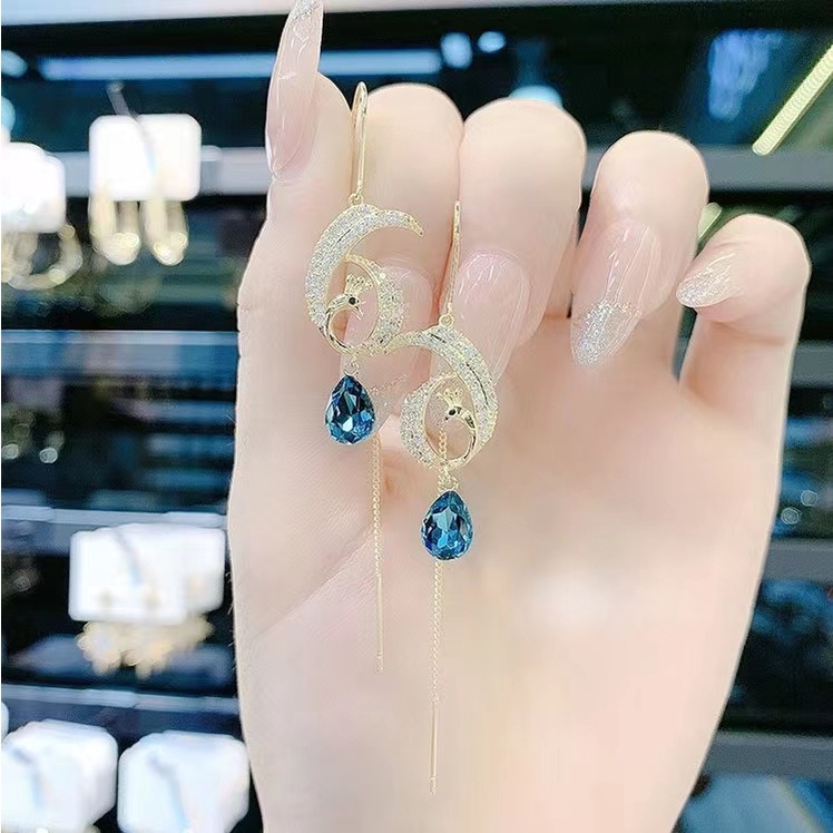 Khuyên Tai Dáng Dài Đính Đá Phối Tua Rua Thời Trang Hàn Quốc Mới Cho Nữ