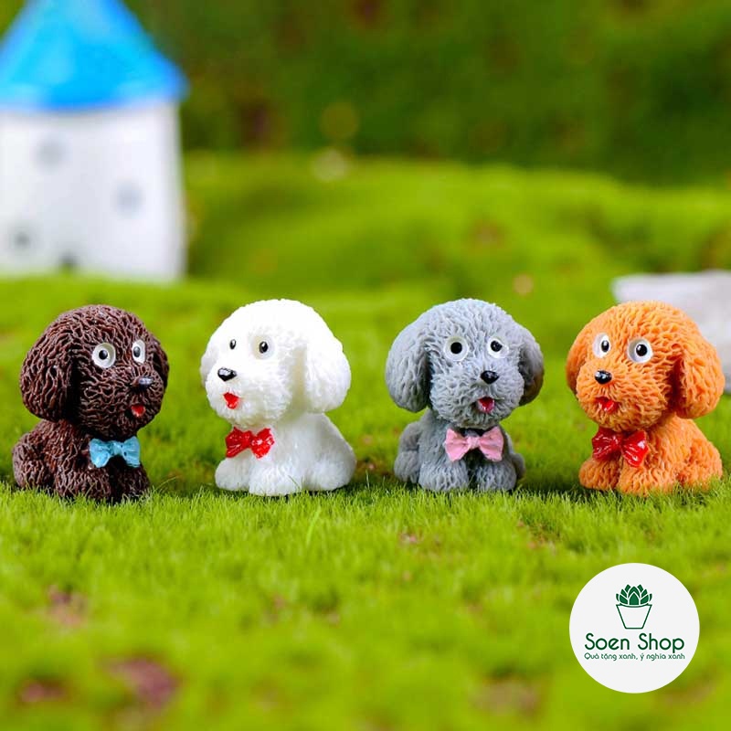 |FREESHIP| Chó đeo nơ Poodle - Phụ kiện trang trí cho cây xanh để bàn làm việc, mô hình trang trí cho bể cá, tiểu cảnh