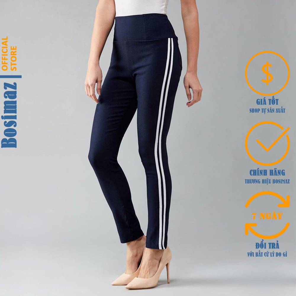 Quần Legging Nữ Bosimaz MS231 dài túi sau màu xanh navy sọc trắng cao cấp, thun co giãn 4 chiều, vải đẹp dày, thoáng mát