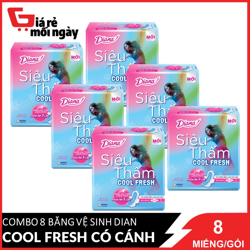 COMBO 6 Băng vệ sinh Diana Siêu thấm Cool Fresh 8 miếng/gói X6