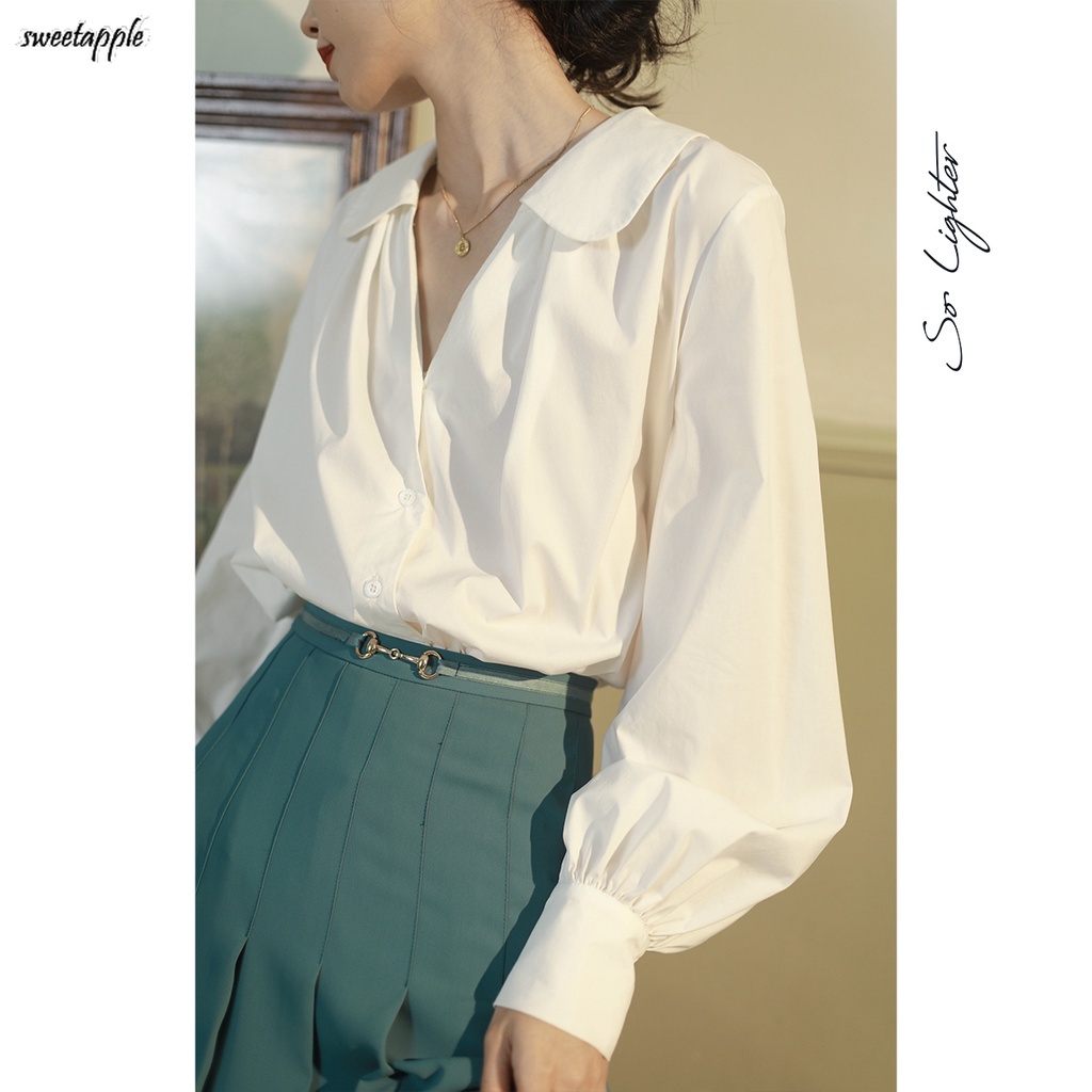 Áo sơ mi Chiffon dài tay cổ V thời trang mùa hè Hàn Quốc thanh lịch tinh tế cho nữ