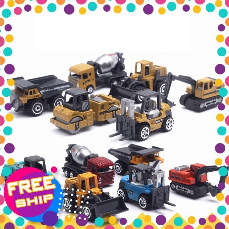 Đồ chơi trẻ em bộ 12 xe công trình mini xe ben xúc lật máy đào xe nâng xe lu xe bồn màu sắc đa dạng an toàn cho bé