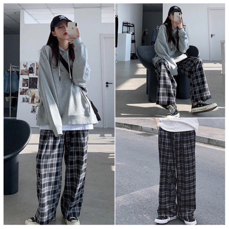Quần Kẻ Nữ Caro Lưng Cao Dáng Rộng Ống Suông Ulzzang Full Màu Hot