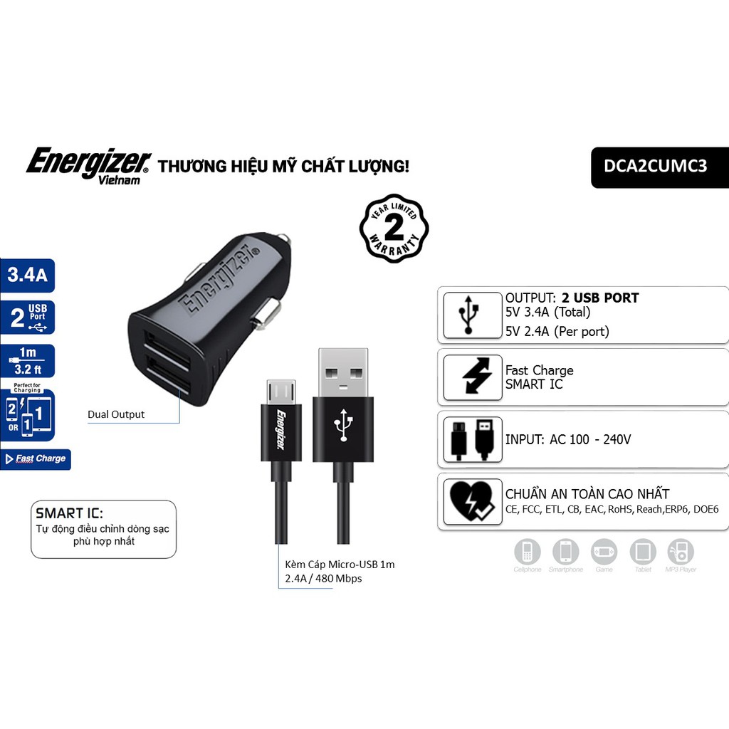 Combo sạc dự phòng Energizer 10,000mAh UE10053 + Sạc Ô Tô Energizer 3.4A 2 Cổng USB Kèm 1 Cáp Micro USB DCA2CUMC3