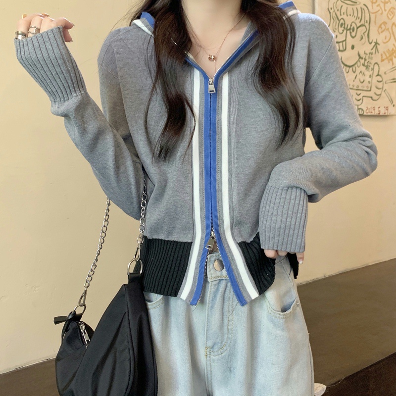 Áo khoác cardigan dệt kim tay dài kiểu khóa kéo đôi hợp thời trang cho nữ