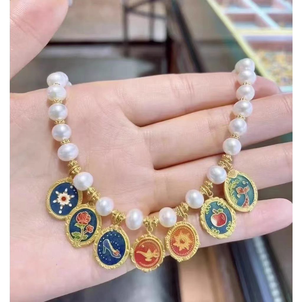 Dây Chuyền Mặt Hình Công Chúa Disney Màu Vàng Hồng / Hoa Nhài / Nàng Tiên Cá / Bạch Tuyết Hai Mặt Không Gây Dị Ứng