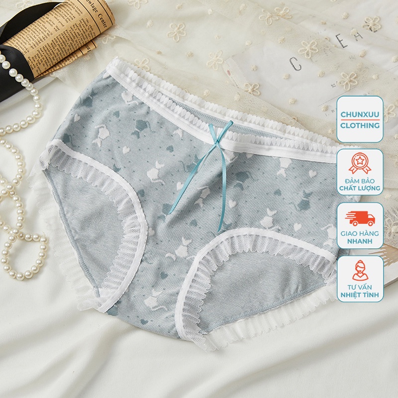 Quần lót nữ cotton cao cấp CHUNXUU, họa tiết mèo phối viền ren dễ thương - QC85