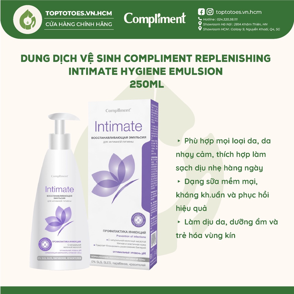 Dung dịch vệ sinh phụ nữ Compliment Intimate làm sạch dịu nhẹ, khử mùi, ngừa khuẩn & viêm 250ml