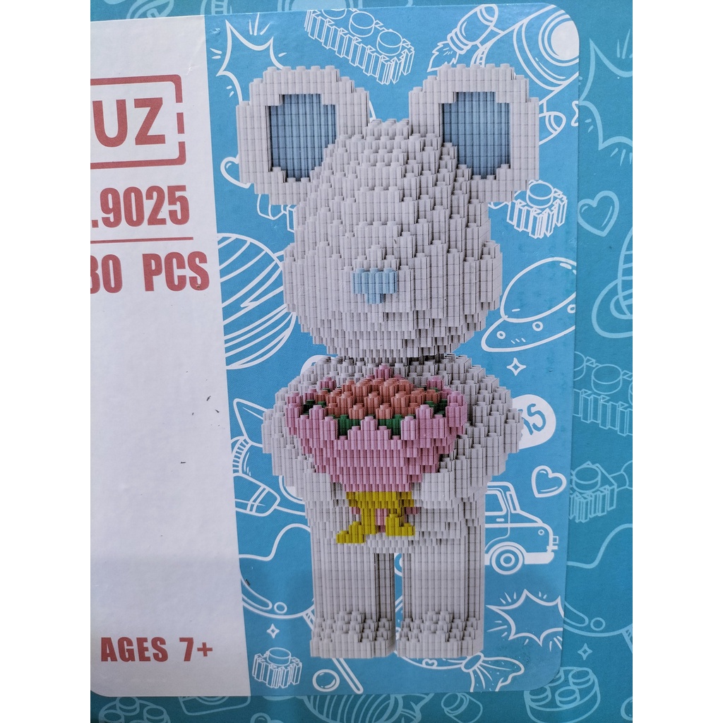 Xếp hình gấu lego bearbrick cầm hoa size to 35cm