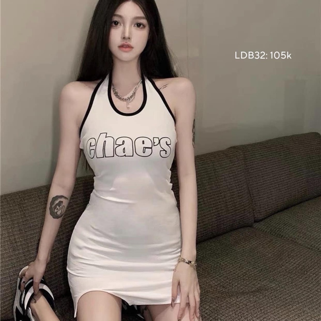 Đầm body sexy Đầm yếm body hở lưng  in chữ CHAE'S quyến rũ sang chảnh CHIBEST LDB32