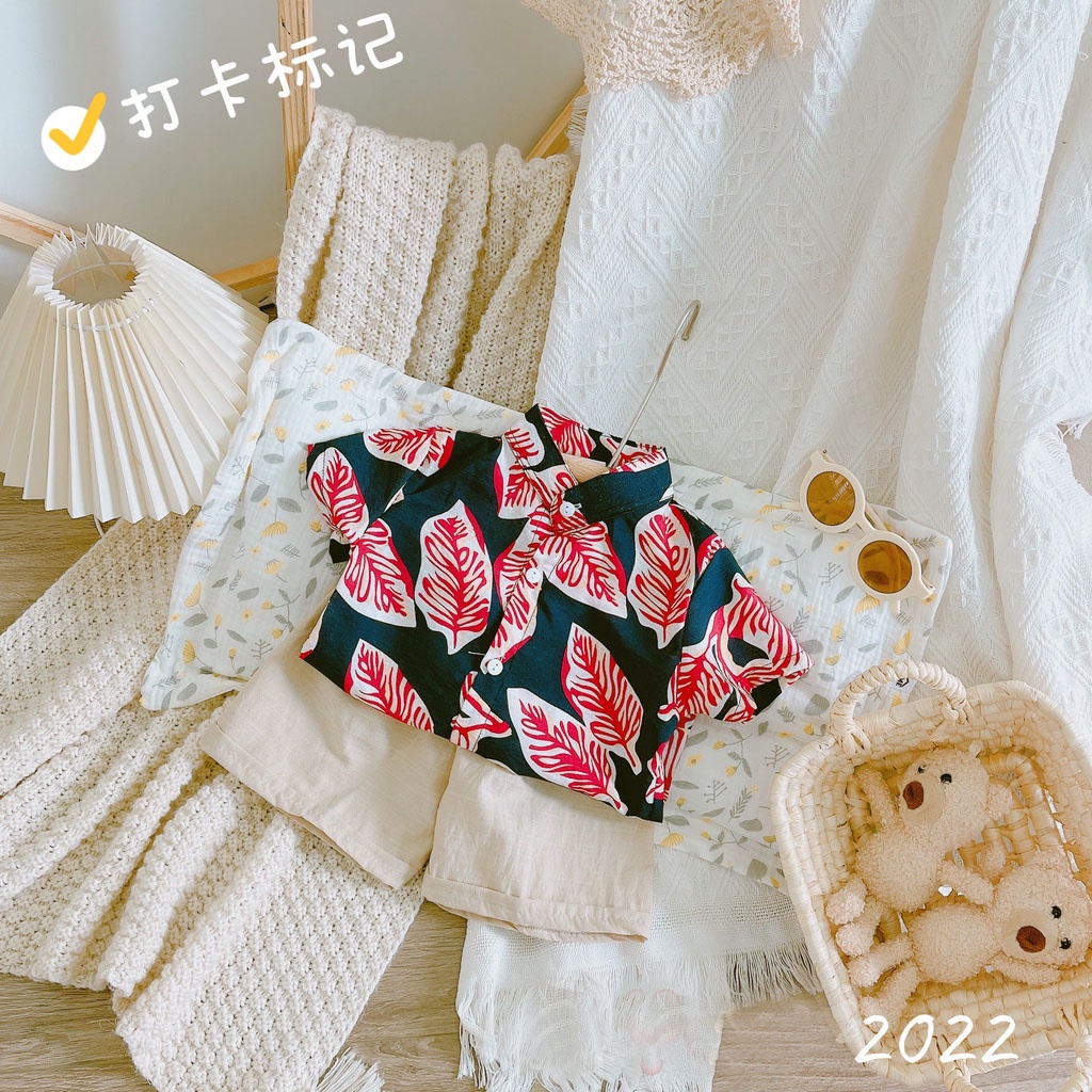 Bộ đi biển bé trai chất đũi cổ trụ in hoa lá mặc mùa hè cho bé trai Moon kids fashion