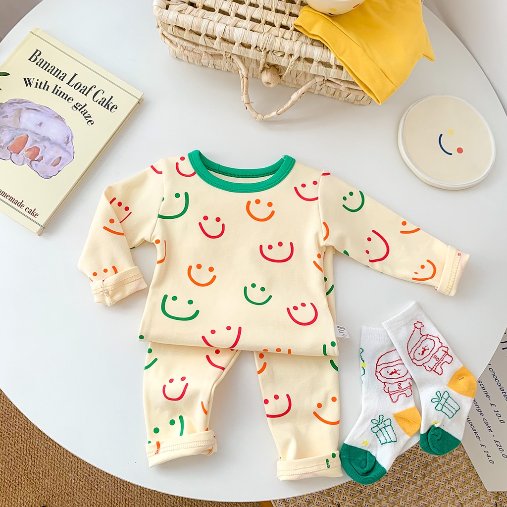 Bộ quần áo mặc nhà dài tay họa tiết mặt cười đáng yêu cho bé 1-3 tuổi