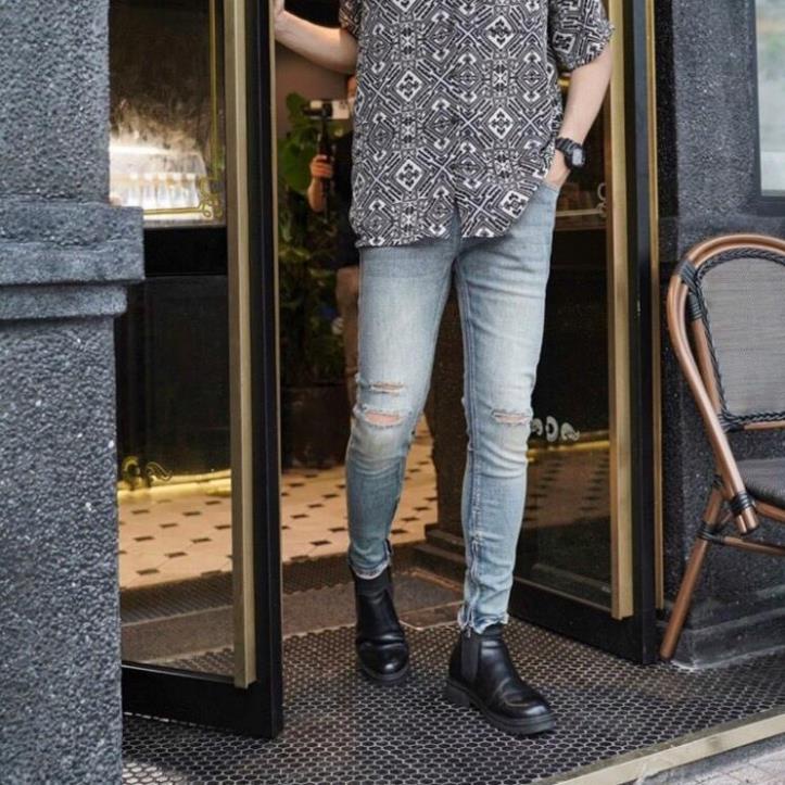 Quần jean nam Streetwear DATINO xanh rách gối form Skinny co giãn ống khóa Zipper, bền màu ! -