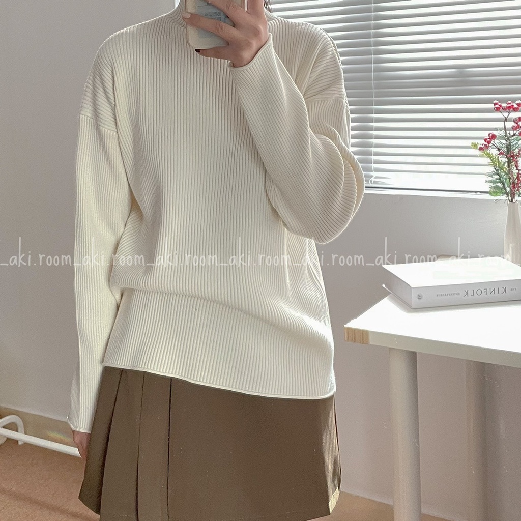 Áo len gân mềm cổ 6 phân cuộn viền dáng suông | BigBuy360 - bigbuy360.vn