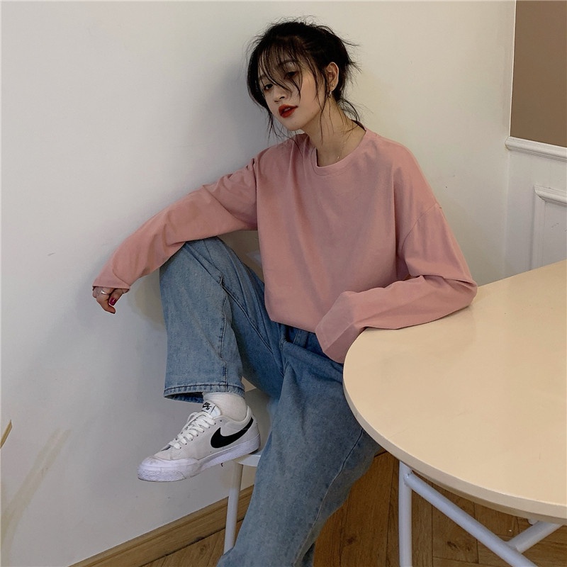 SUXI Áo Thun Nữ Tay Dài Dáng Rộng Phong Cách Hàn Quốc