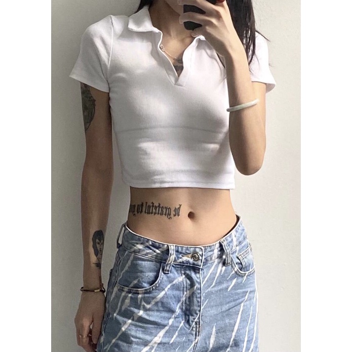 [Ảnh thật/Sẵn] Áo croptop cotton co dãn polo cổ sơ mi tay ngắn