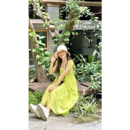 Unleashedvn GRETA AVOCADO SMOOTHIES DRESS - Đầm Greta màu xanh bơ 100% cotton, 2 dây vai thắt nơ, dáng babydoll dài