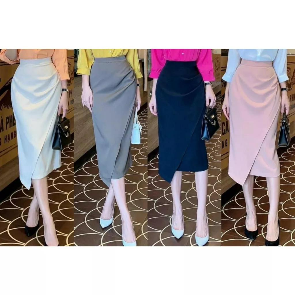 Chân Váy chữ A Dáng Dài 72cm Đáp Tà to Nhún eo nhẹ che bụng