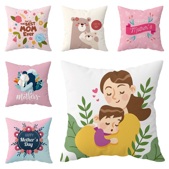 (Vỏ+Ruột) Gối vuông trang trí dễ thương họa tiết hoạt hình MOMMY phủ nhung mịn 45x45cm