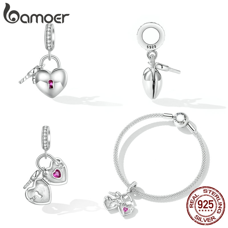 Mặt vòng tay BAMOER bạc 925 hình ổ khóa trái tim và chìa khóa DIY dành cho nữ