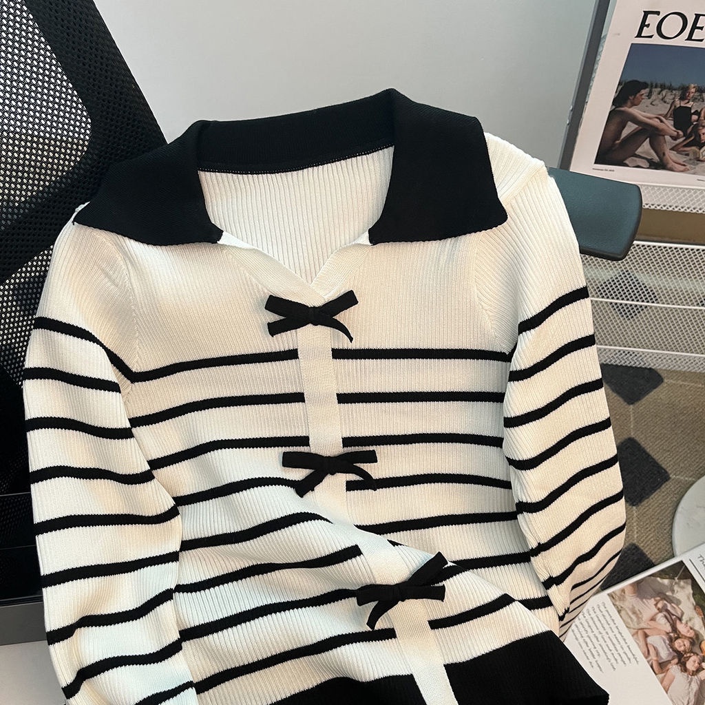 Áo Dệt Kim Tay Dài Cổ Chữ V Thắt Nơ Họa Tiết Kẻ Sọc Màu Sắc Thời Trang Mùa Thu Dành Cho Nữ